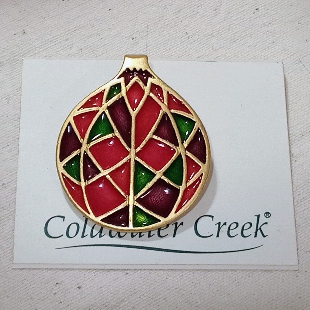Coldwater Creek Stained Glass Ornament 2" Orb Ball Pin Brooch Jewel Gold Tone